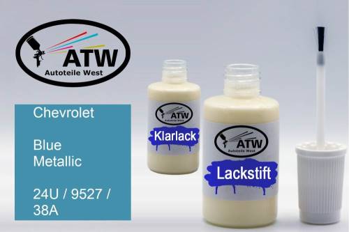 Chevrolet, Blue Metallic, 24U / 9527 / 38A: 20ml Lackstift + 20ml Klarlack - Set, von ATW Autoteile West.